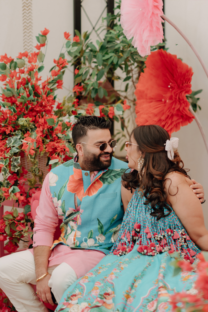 Rasalica and Abhishek in our Firoza Arshneer Lehenga Set &amp; Custom Firoza Bandi