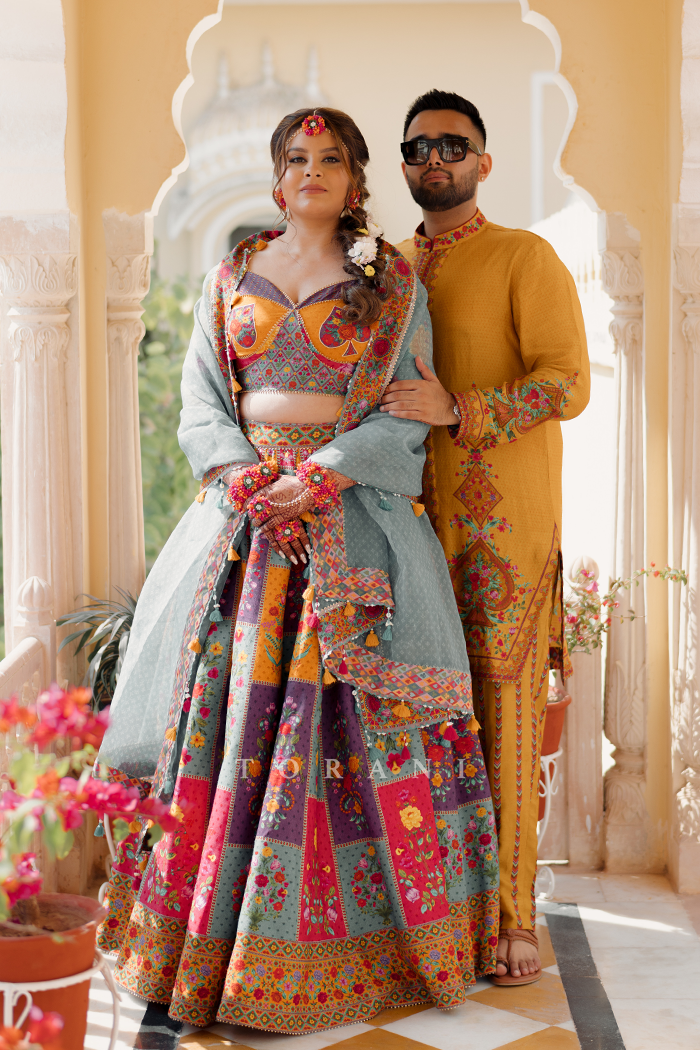 Simran Shah with Her Partner in our Dil Rang Javeri Lehenga Set &amp; Dil Seher Mohsin Kurta Set