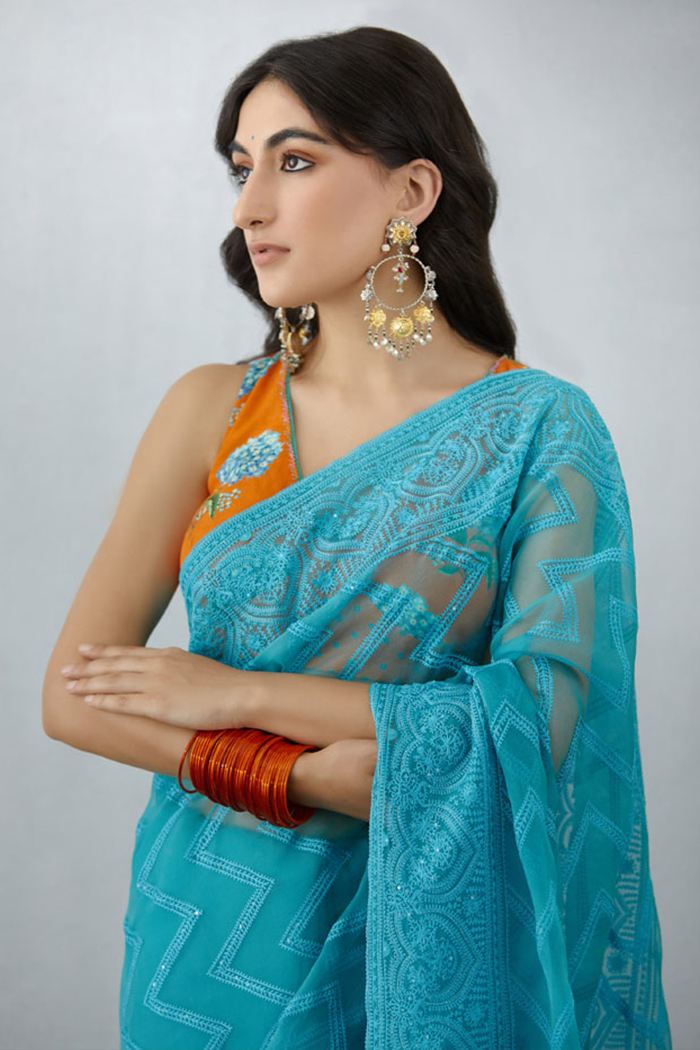 Luxury Blue organza saree with hand &amp; machine Embroidery