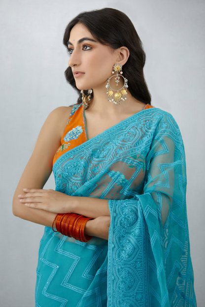Luxury Blue organza saree with hand &amp; machine Embroidery
