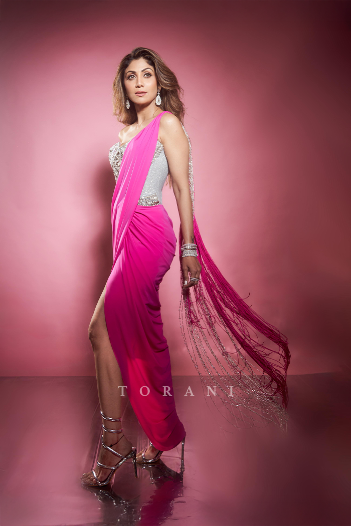 Shilpa Shetty in our Custom Rani Saesha Saree Set