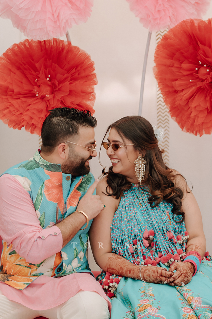Rasalica and Abhishek in our Firoza Arshneer Lehenga Set &amp; Custom Firoza Bandi