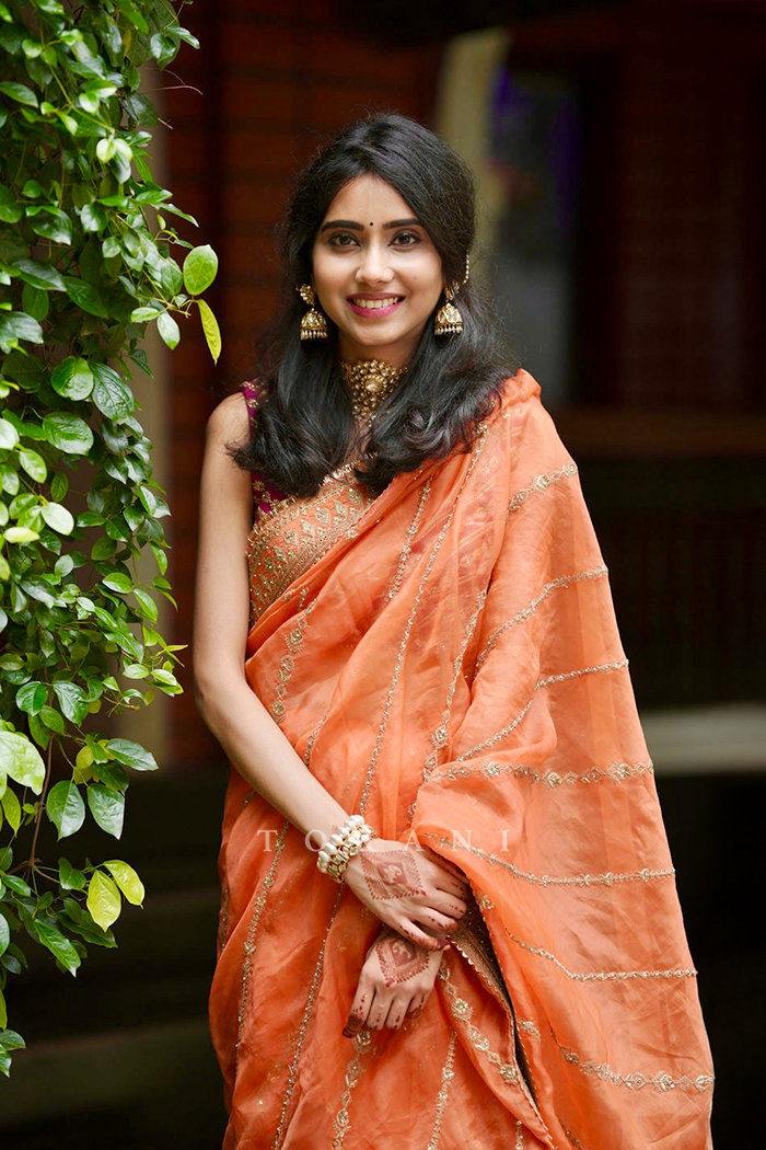 Indulekha in our Custom Pukhraj Ramani Bhavini Saree Set