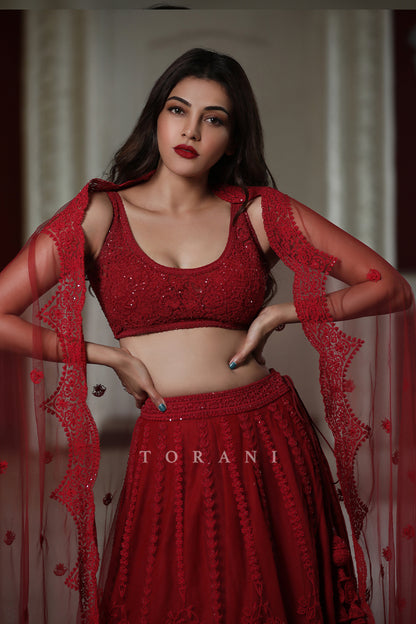 Kajal Aggarwal Kitchlu in our Surkh Mrinal Lehenga Set