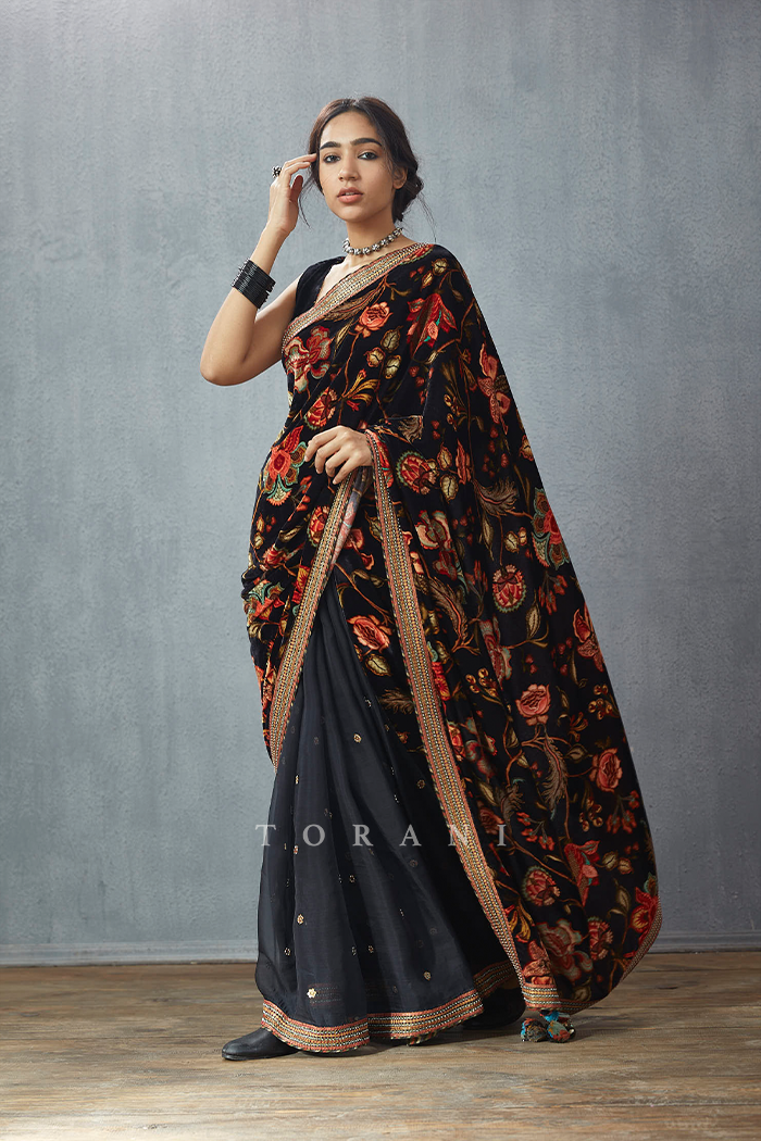 Printed half &amp; half saree in Silk velvet pallu