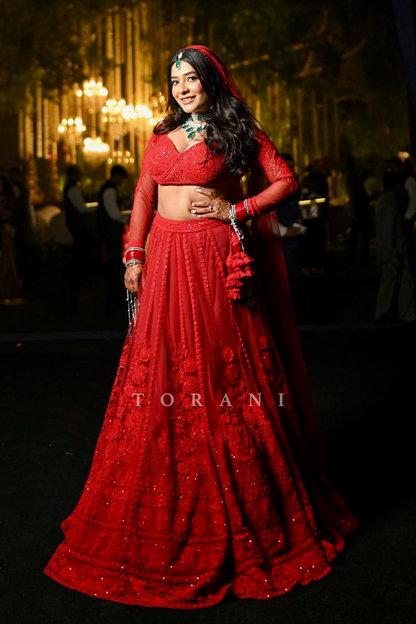 Aaztha Sharma In Our Custom Surkh Mrinal Lehenga Set