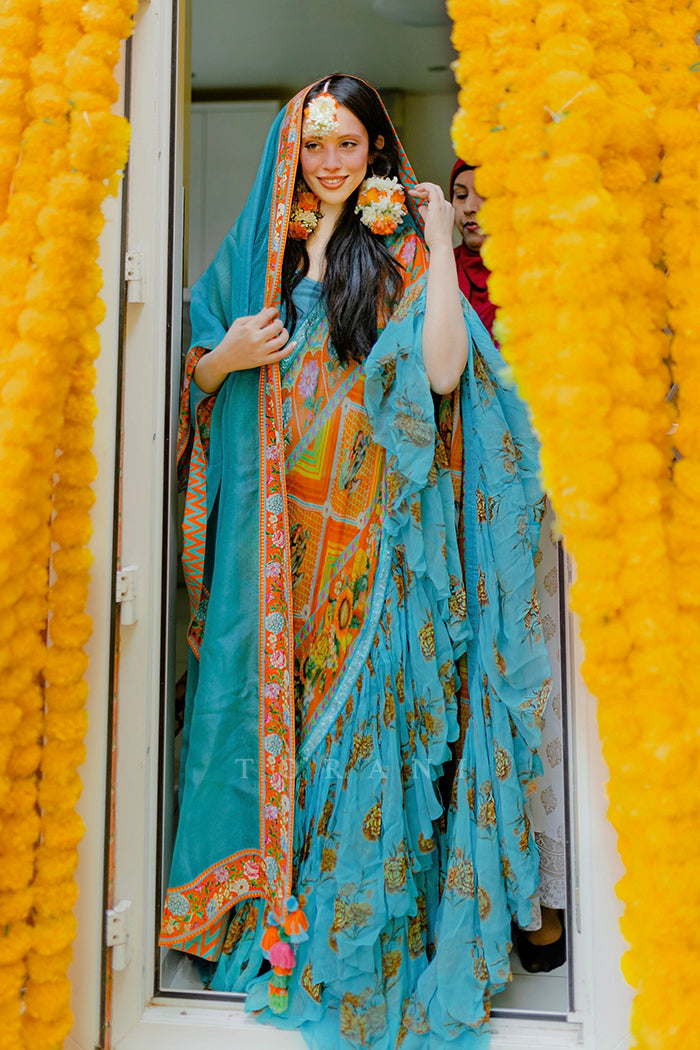 Fahmida Khan in our Custom Firoza Ikjot Saree &amp; Odhni