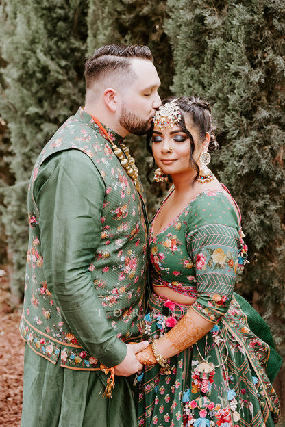 Amandeep Gill in our Panna Waheeda Lehenga Set &amp; Demitri in our Panna Gulfam Bandi Set