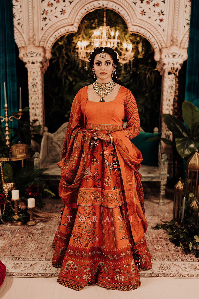 Daljit Chahal Lallian In Our Customized Narangi Temple Kali Sibani Lehenga Set