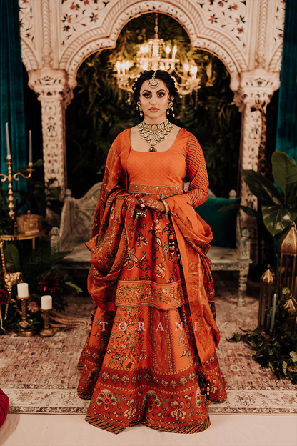 Daljit Chahal Lallian In Our Customized Narangi Temple Kali Sibani Lehenga Set