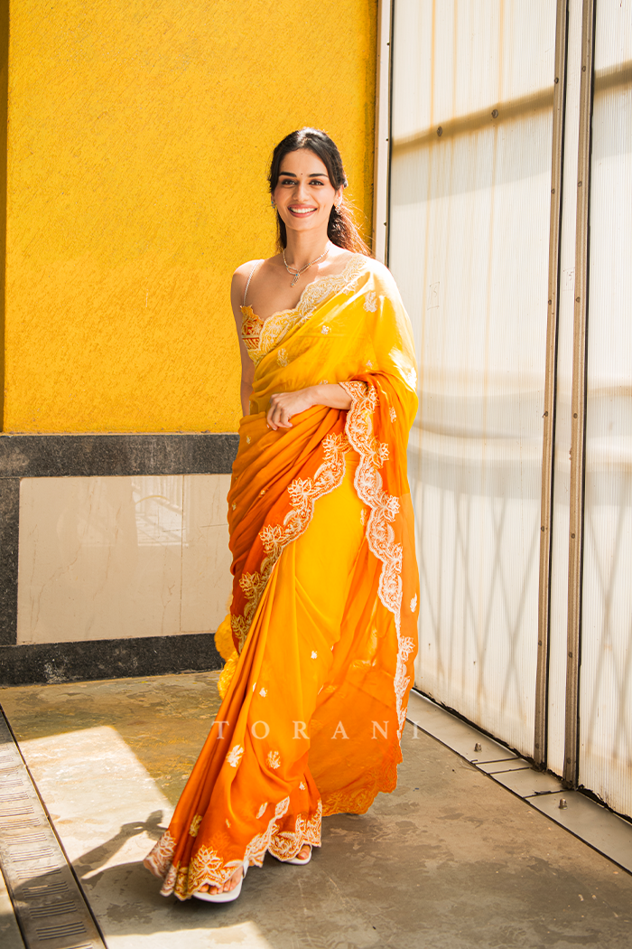 Manushi Chhillar in our Kasmai Gairik Brinda Saree Set