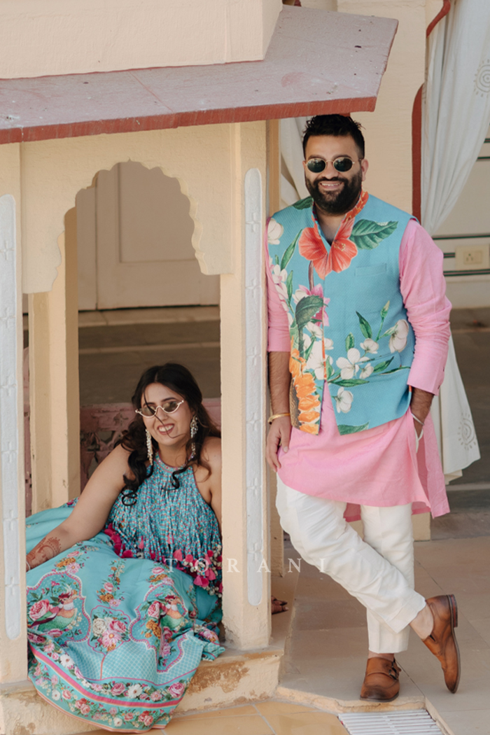 Rasalica and Abhishek in our Firoza Arshneer Lehenga Set &amp; Custom Firoza Bandi