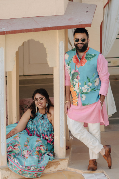 Rasalica and Abhishek in our Firoza Arshneer Lehenga Set &amp; Custom Firoza Bandi