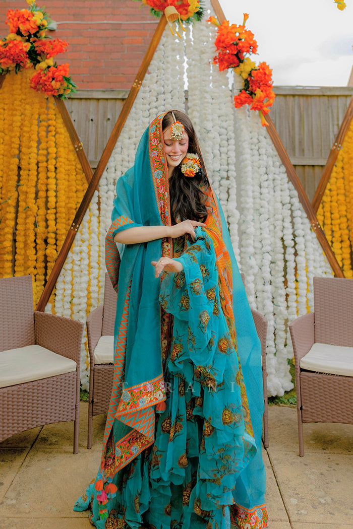 Fahmida Khan in our Custom Firoza Ikjot Saree &amp; Odhni