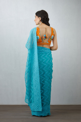 blue organza saree having zigzag embroidery