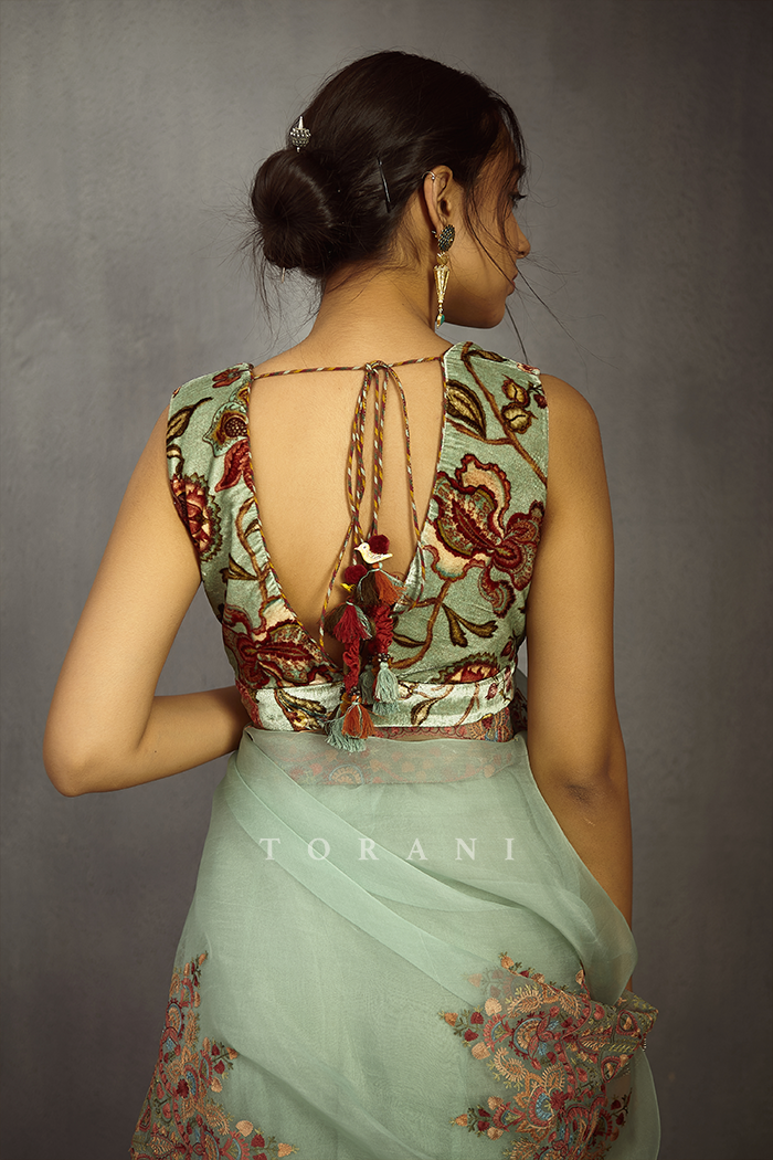 Deep neck printed designer blouse in velvet