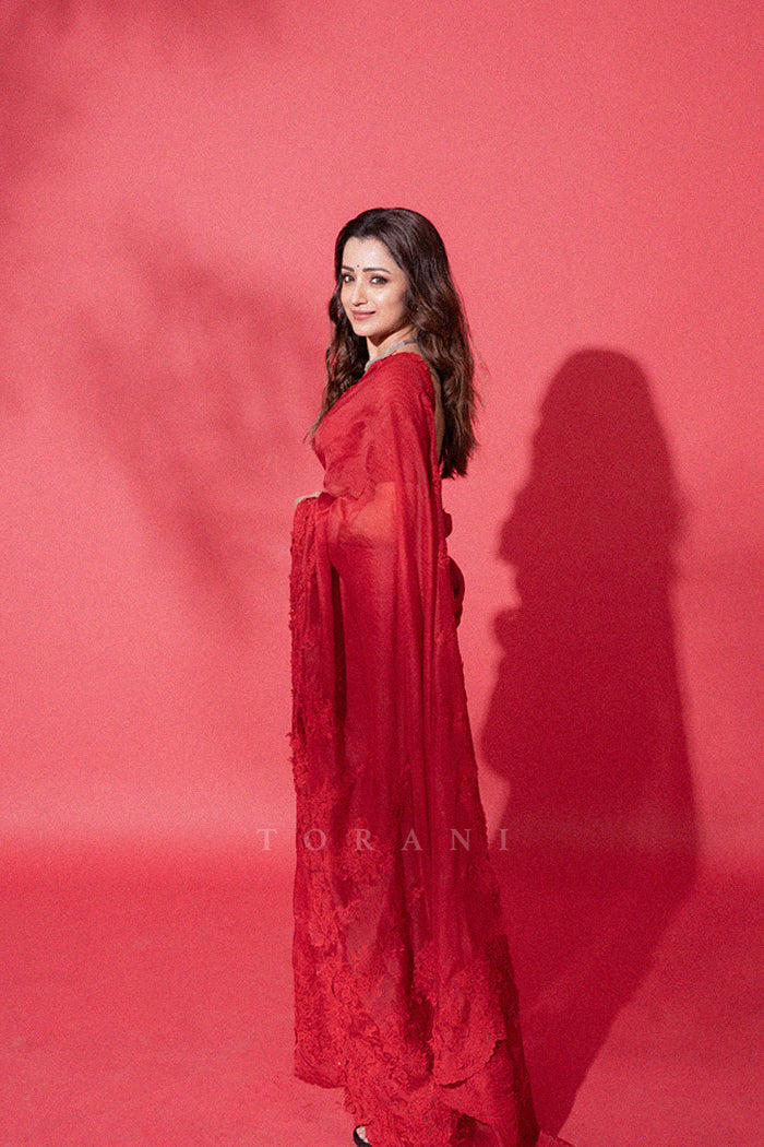 Trisha Krishnan in our Surkh Ela Meher Passa Saree Set