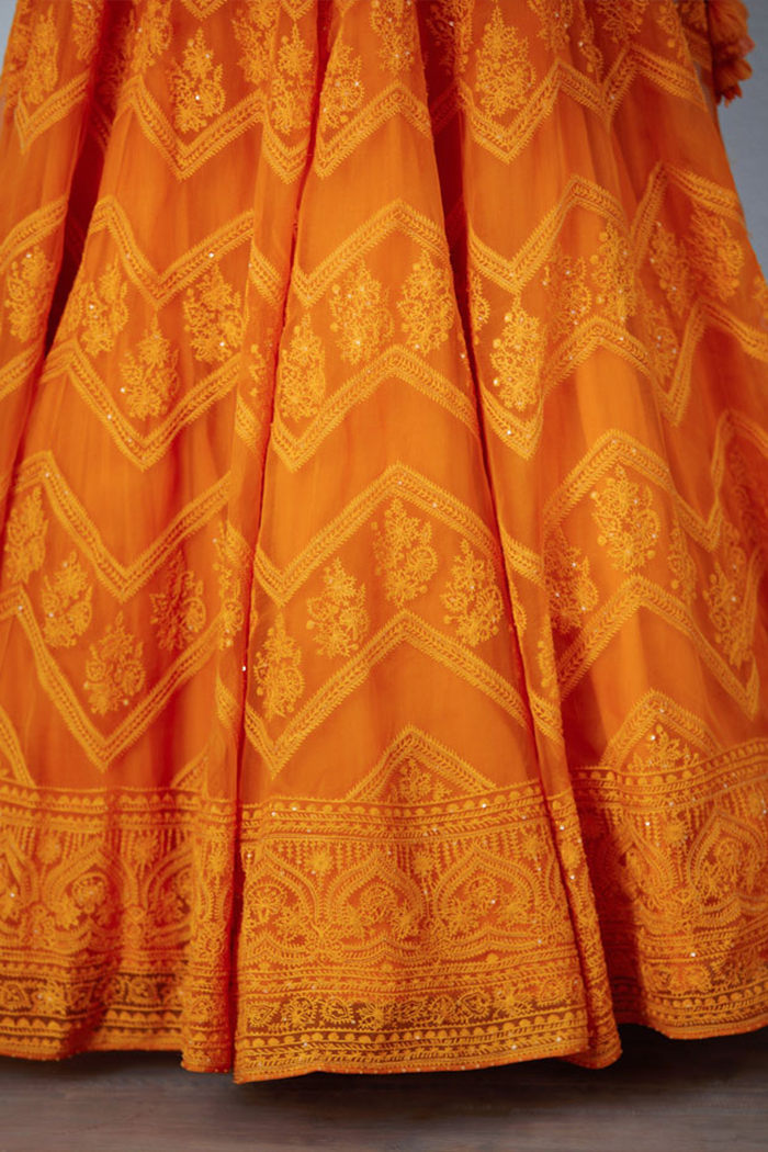 orange organza lehenga with hand &amp; machine embroidery