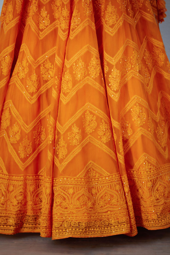 orange organza lehenga with hand & machine embroidery