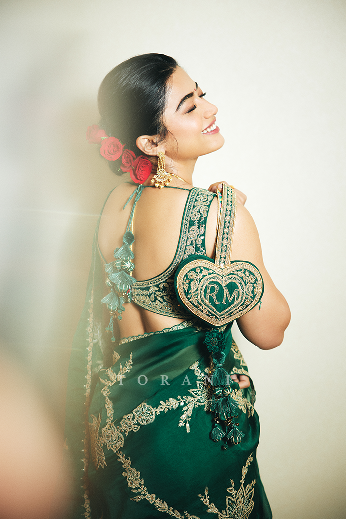 Rashmika Mandanna in our Akhzari Miral Saree Set