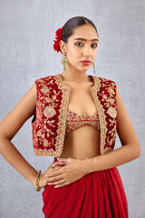 Bright Red Dori Embroidered Vest with Blouse and draped Dhoti 