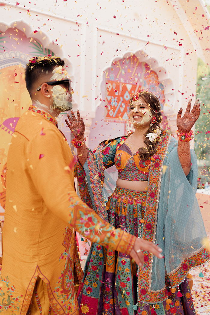 Simran Shah with Her Partner in our Dil Rang Javeri Lehenga Set &amp; Dil Seher Mohsin Kurta Set