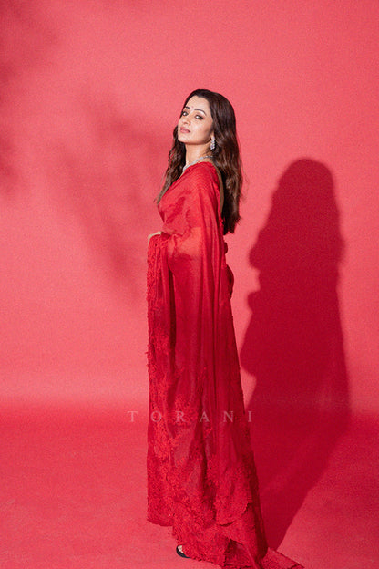 Trisha Krishnan in our Surkh Ela Meher Passa Saree Set