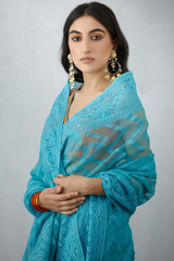 Blue organza saree with heavy Embroidered border