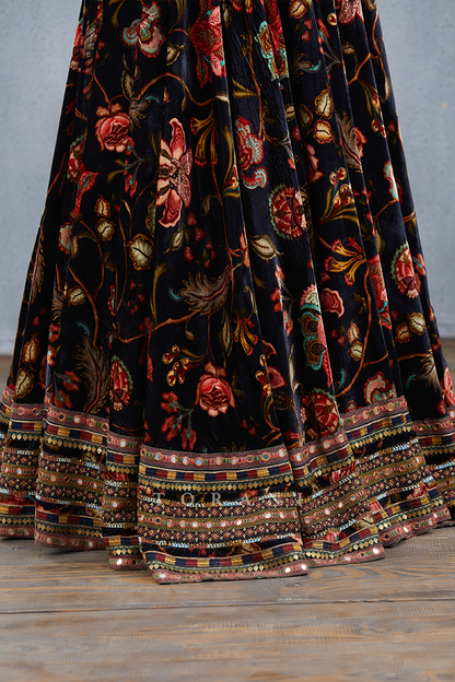 digital printed anarkali dress in silk velvet