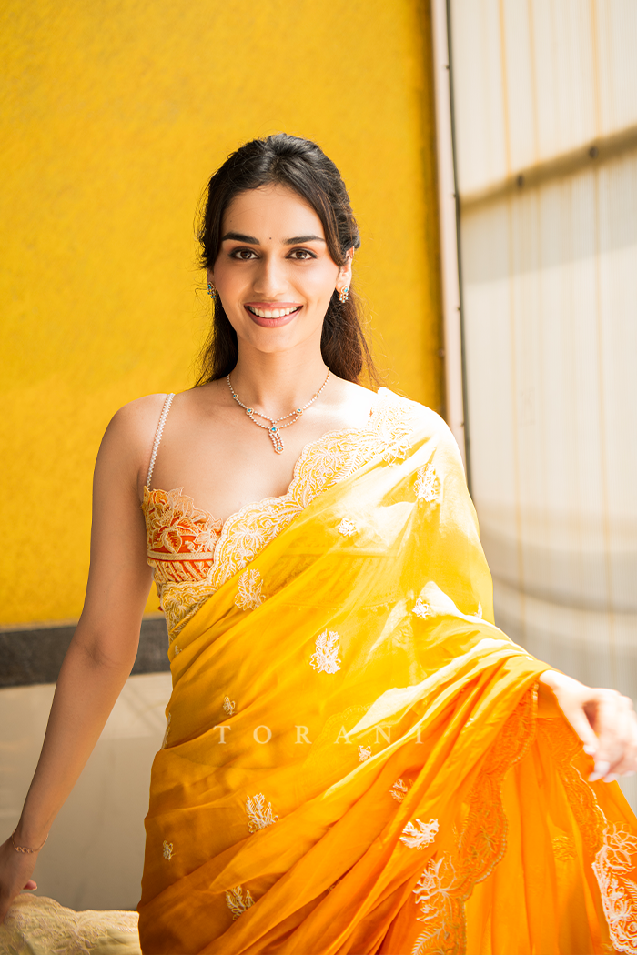 Manushi Chhillar in our Kasmai Gairik Brinda Saree Set