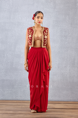 Bright Red Dori Embroidered Vest along with Blouse and draped Dhoti 