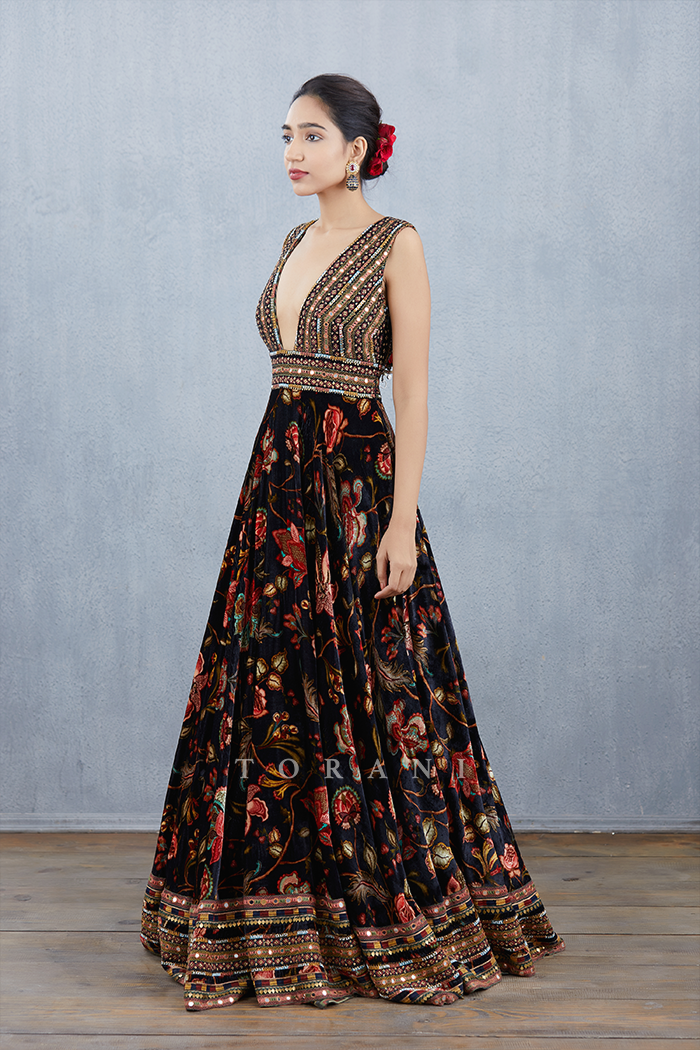 floral printed Black Anarkali dress in silk velvet