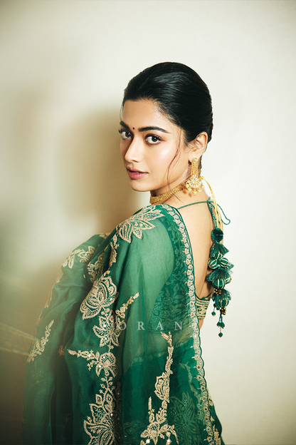 Rashmika Mandanna in our Akhzari Miral Saree Set