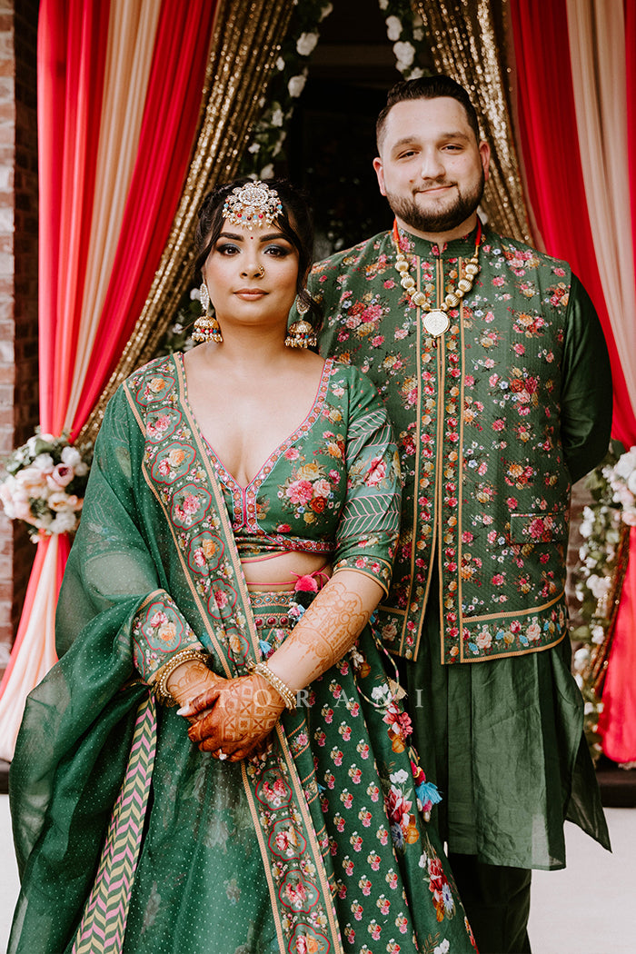 Amandeep Gill in our Panna Waheeda Lehenga Set &amp; Demitri in our Panna Gulfam Bandi Set