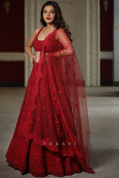 Kajal Aggarwal Kitchlu in our Surkh Mrinal Lehenga Set