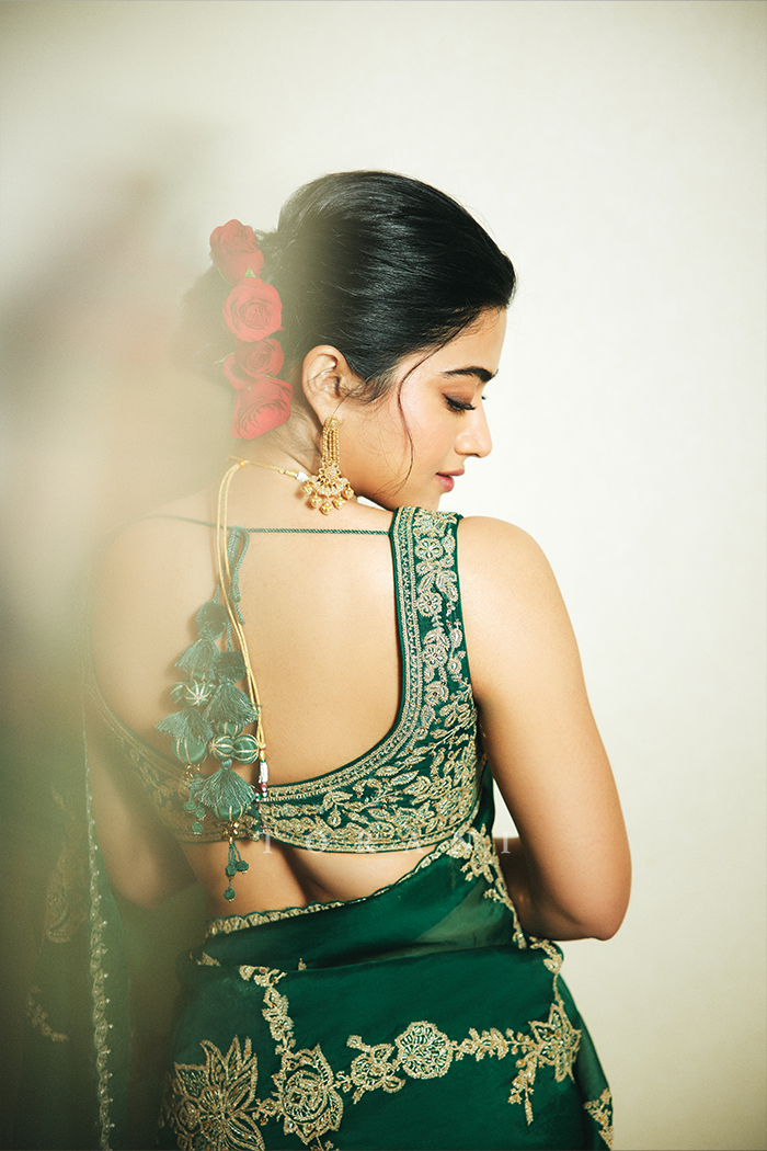 Rashmika Mandanna in our Akhzari Miral Saree Set