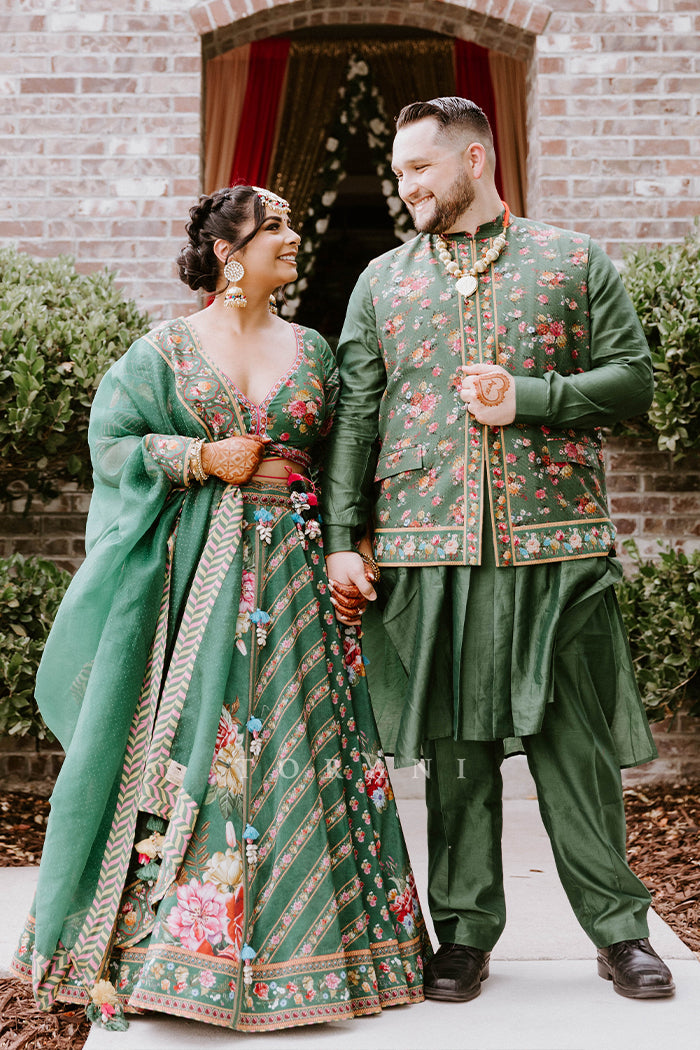 Amandeep Gill in our Panna Waheeda Lehenga Set &amp; Demitri in our Panna Gulfam Bandi Set