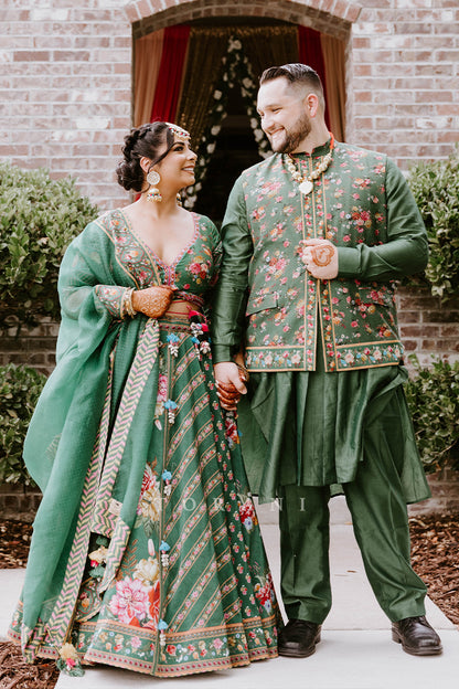 Amandeep Gill in our Panna Waheeda Lehenga Set &amp; Demitri in our Panna Gulfam Bandi Set
