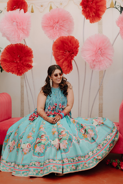 Rasalica and Abhishek in our Firoza Arshneer Lehenga Set &amp; Custom Firoza Bandi