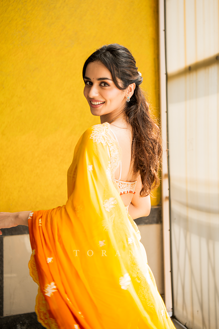 Manushi Chhillar in our Kasmai Gairik Brinda Saree Set