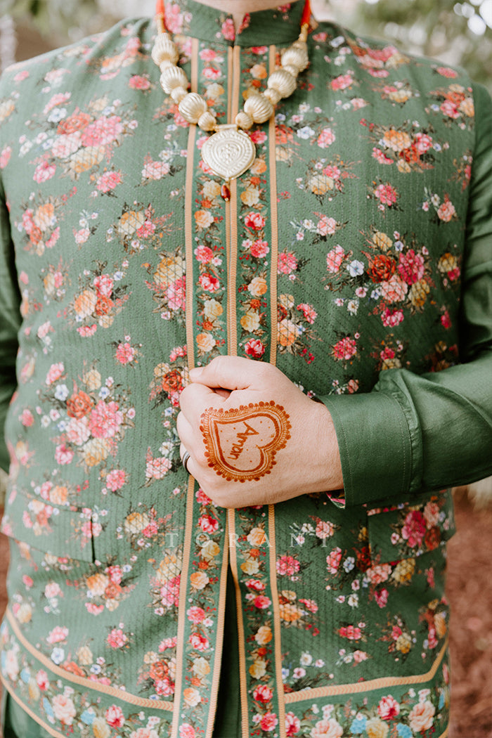 Amandeep Gill in our Panna Waheeda Lehenga Set &amp; Demitri in our Panna Gulfam Bandi Set