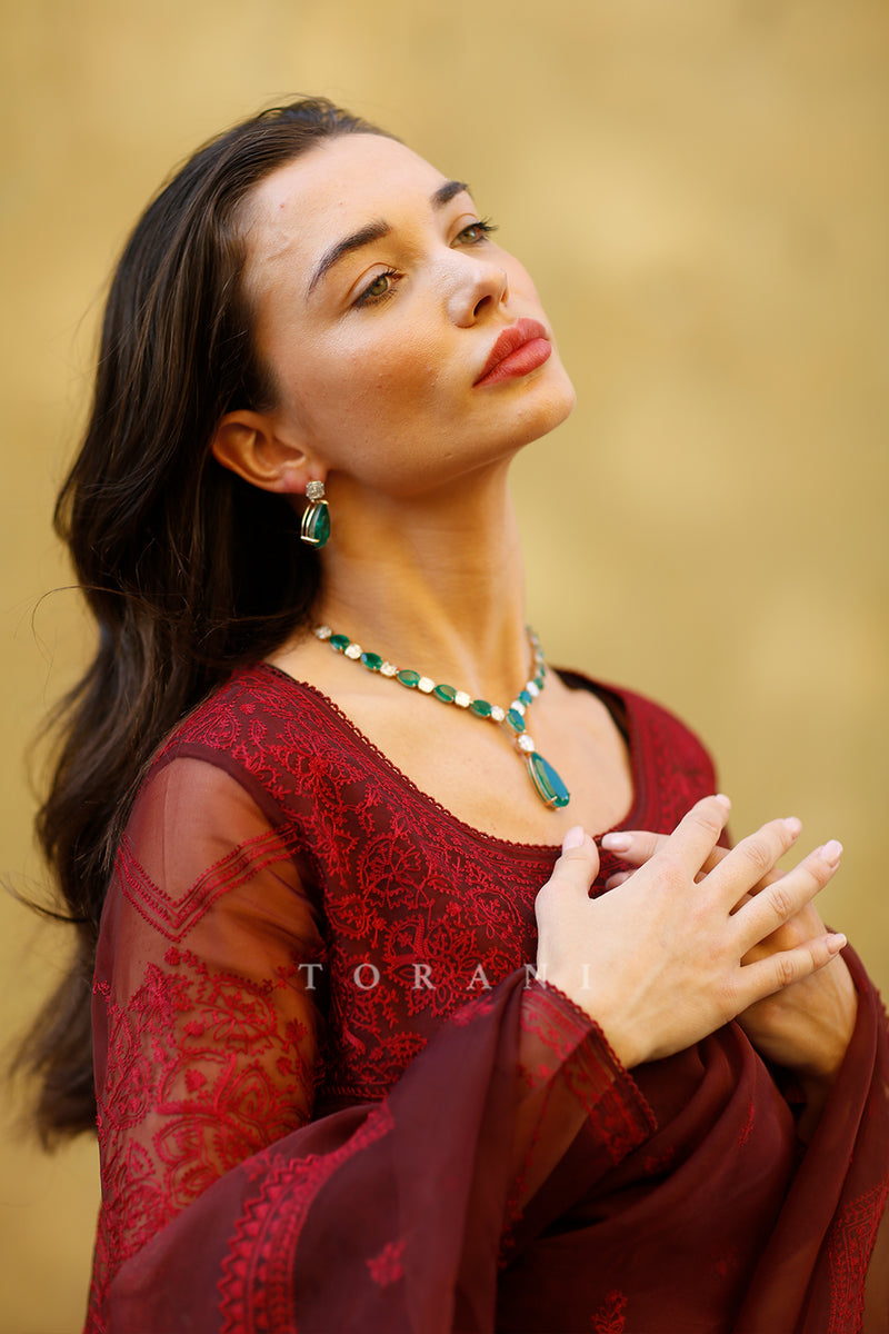 Featuring Amy jackson in burgundy red julaba set with aari embroidery