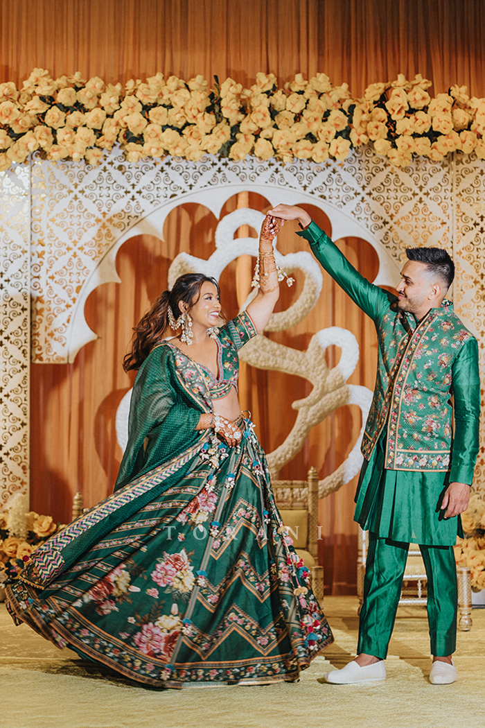 Ashvi &amp; Sunny in our Panna Waheeda Lehenga Set &amp; Panna Gulfam Bandi Set