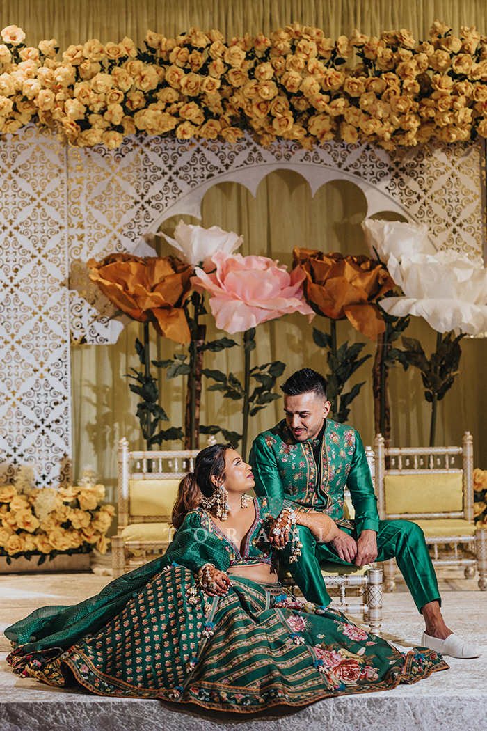 Ashvi &amp; Sunny in our Panna Waheeda Lehenga Set &amp; Panna Gulfam Bandi Set