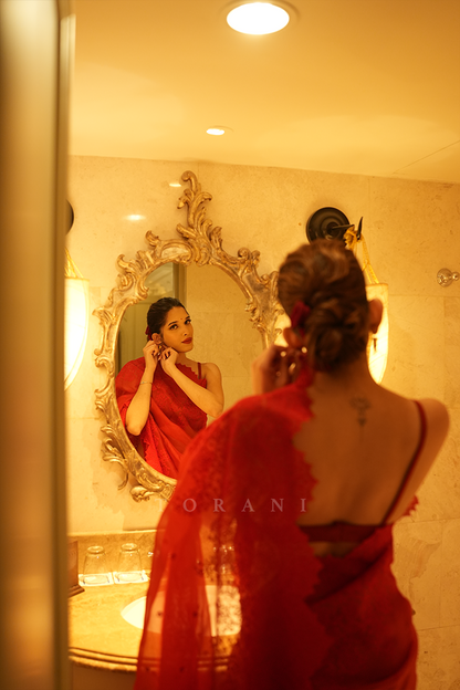 Trinetra Haldar Gummaraju in our Surkh Farrin Anaadi Saree Set