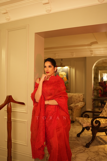 Trinetra Haldar Gummaraju in our Surkh Farrin Anaadi Saree Set