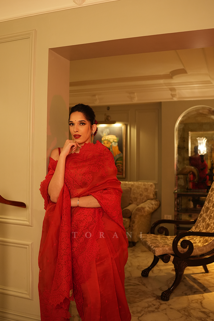 Trinetra Haldar Gummaraju in our Surkh Farrin Anaadi Saree Set