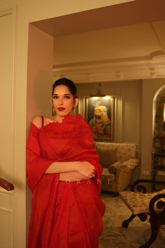 Trinetra Haldar Gummaraju in our Surkh Farrin Anaadi Saree Set