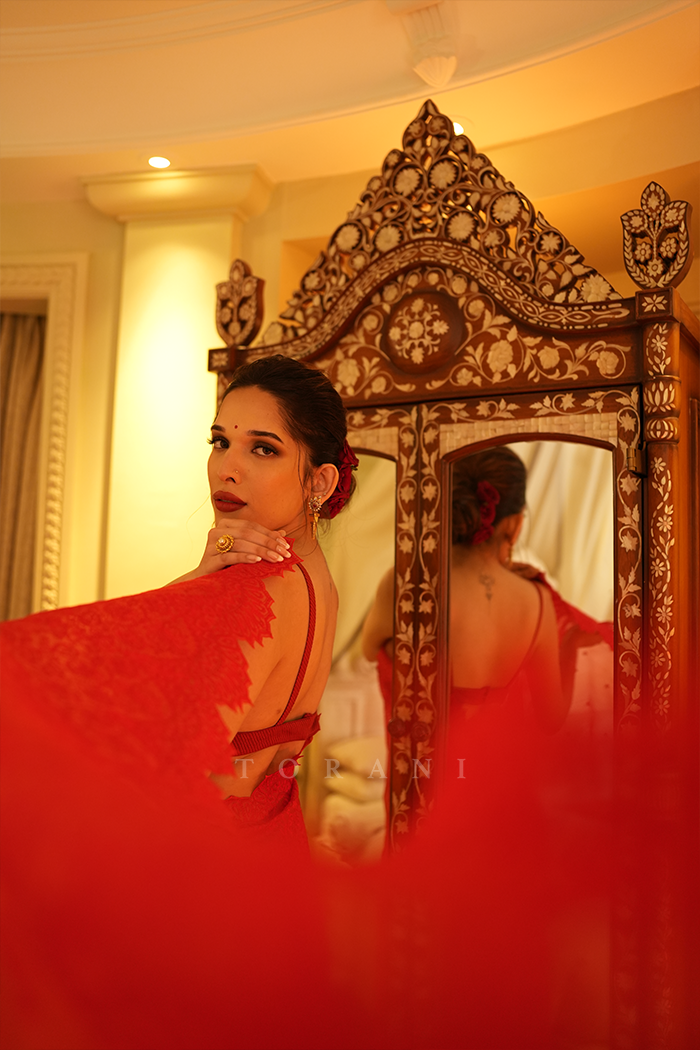 Trinetra Haldar Gummaraju in our Surkh Farrin Anaadi Saree Set