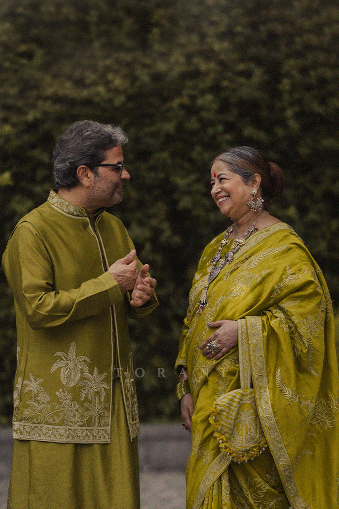 Rekha Bhardwaj in our Custom Henna Pankhuri Dea Saree Set